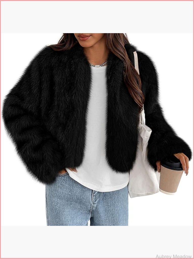 Cropped Faux Fur Jacket Long Sleeve Open Front Shaggy Outerwear